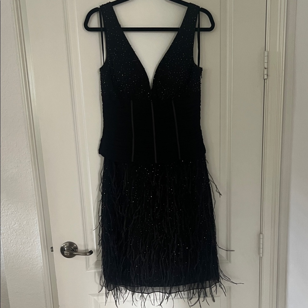 NWOT Chic Black Parisian Bustier Cocktail Dress with beaded / feathered chiffon